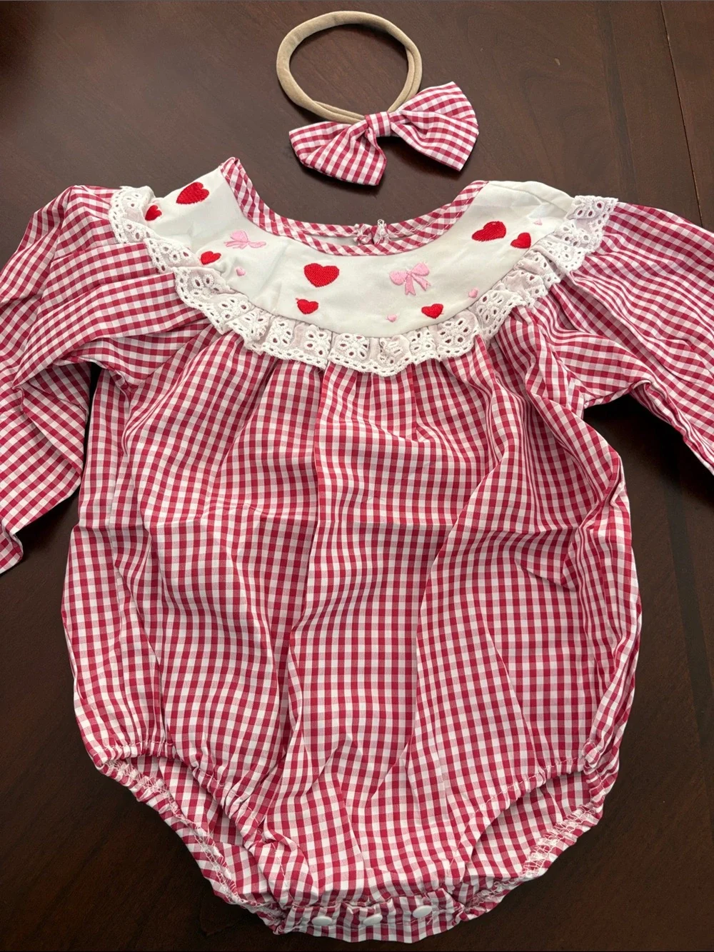 Red check Heart Baby Romper Matching Bow Headband Valentine Set Embroidered